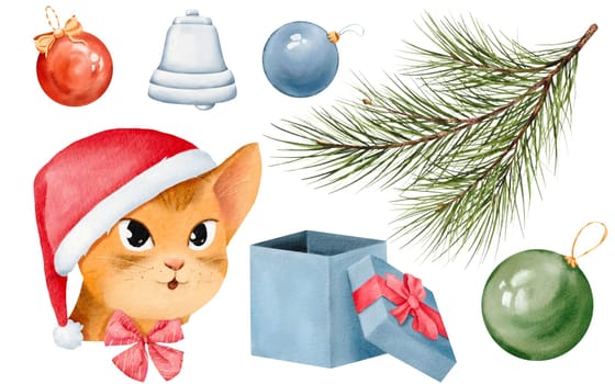A watercolor New Year element collection featuring a cat in a Santa hat with Christmas ornaments and colorful gift boxes tied with ribbons. Ideal for stickers, cards, sets, and design elements.