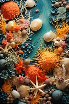 Ocean elements. Algae, corals, shells and tubulars. Marine decorative set. Underwater ecosystem, aquatic natural creatures.