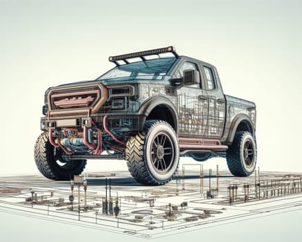 modern design render of truck pickup monster suv smart vehicle schematics illustration