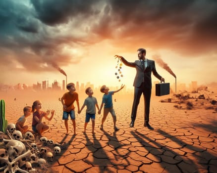 Children playing ball in dystopian scene, Scorched earth arid soil desert heat sun climate change global warming drought, abandoned unfertile land,apocalyptic scene, ai generated