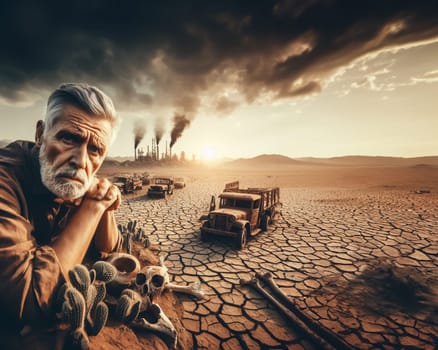 Senior elderly man, in Scorched earth arid soil ,drought, abandoned unfertile land, rusty car yard, dead animal bones, stormy sky,smoking factories polluting ambient, apocalyptic scene, ai generated