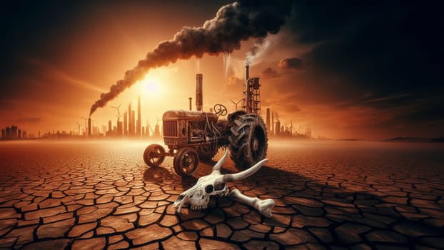 Scorched earth arid soil desert heat wave global warming drought, abandoned rusty tractor, dead animal bones, stormy sky smoking plants factories polluting ambient, apocalyptic scene, ai generated