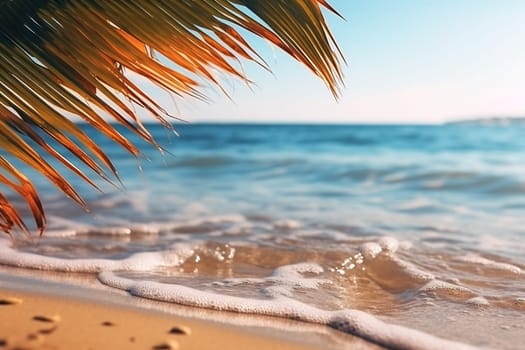 Palm leaves close-up against the backdrop of a seascape with waves. Vacation, travel, beach holiday concept.