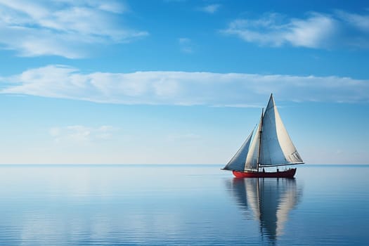 Boat with white sails in a calm blue sea. Reflection of a sailboat on the water.