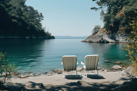 Two chairs for relaxing on the bank of a calm river in the mountains, pine forest. Camping, recreation.