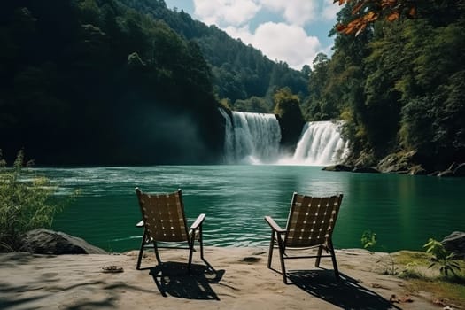 Two chairs for relaxing on the bank of a calm river with overlooking the waterfall. Camping, recreation.