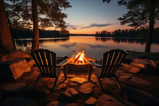 Camping by the river. Two chairs near a fire at sunset.