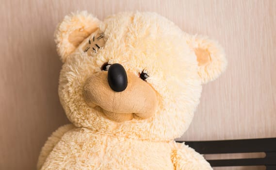 portrait of a cute beige teddy bear for kids with happy smiling facial expression