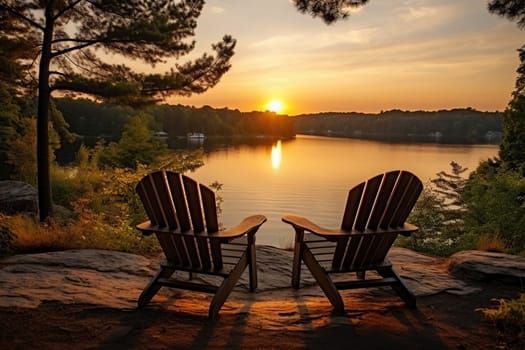 Two chairs for relaxing on the bank of a calm river in the forest in the rays of sunset and dawn. Camping, recreation.