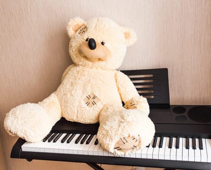 Teddy bear sitting on the piano keys or synthesizer