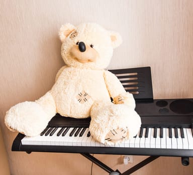 Teddy bear sitting on the piano keys or synthesizer