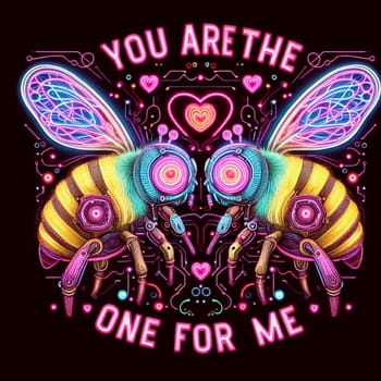 steampunk bee king and queen in love neon sign valentines illustration concept rusty background generative ai art