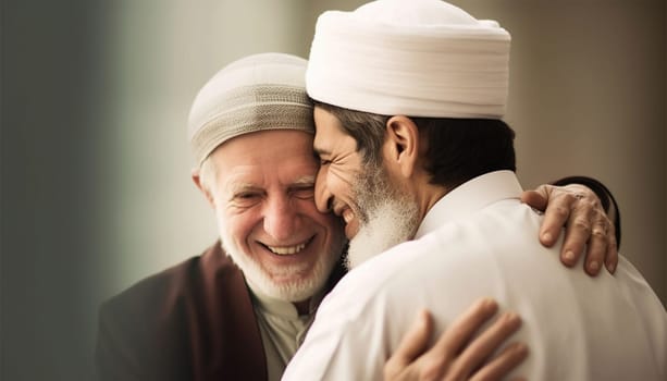 Two muslim man hugging and smiling. Eid mubarak concept. Islam friends or business parnerts embracing each other. Arabic men having warm meeting close up