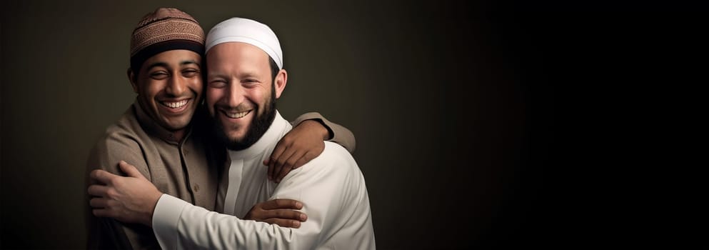 Two muslim man hugging and smiling. Eid mubarak concept. Islam friends or business parnerts embracing each other. Arabic men having warm meeting close up