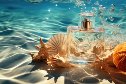 Transparent bottle of perfume with starfish and sea shells on blue water texture. AI generated.