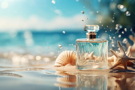 Transparent bottle of perfume with starfish and sea shells on blue water texture. AI generated.
