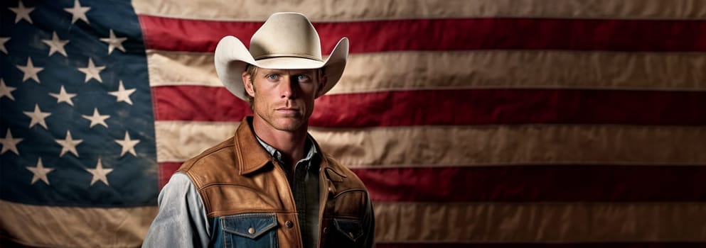 Texas Cowboy male portrait standing by American flag background with copy space. Proud western US United states of America citizen Space for text