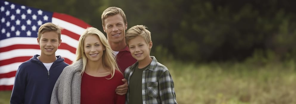 portrait of beautiful modern proud blond American family with USA flag outdoors. Flag of America. United states. Copy space Space for text