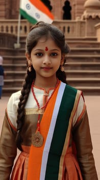 portrait of young indian girl dressed with typical costume for India independence day celebration.