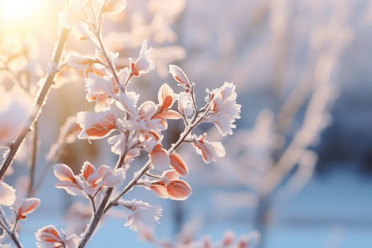 Snow-covered tree branch on a defocused background.