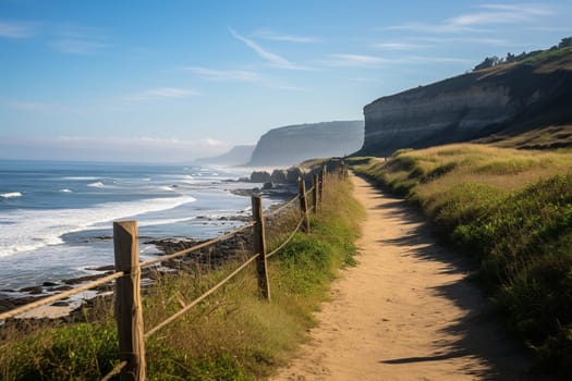 A sea spit near the rocks. A path by the sea with white waves and a wooden fence.