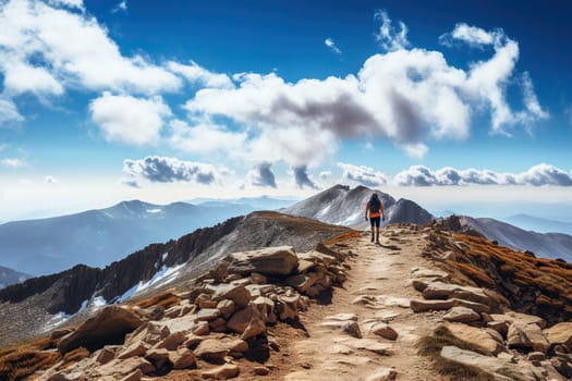 Path on a mountain slope. Beautiful view of the mountain range and sky.