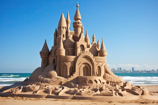 Beautiful sand castle on the sand by the sea.