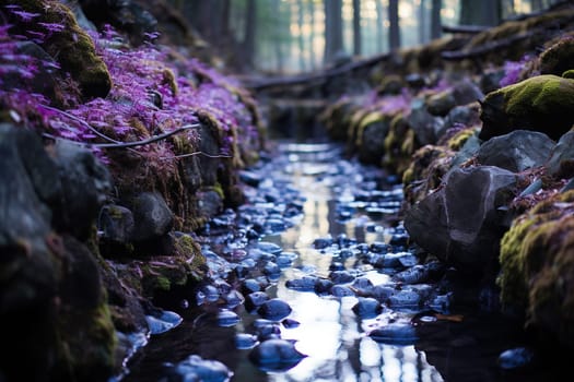 Stream in the forest with stones, moss and lilac flowers.