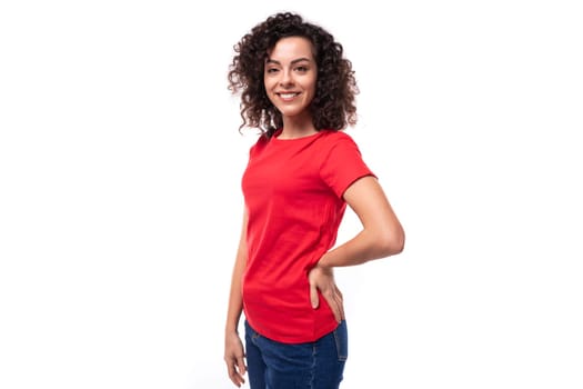 young beautiful curly brunette woman dressed in a red t-shirt with an identity print mockup.