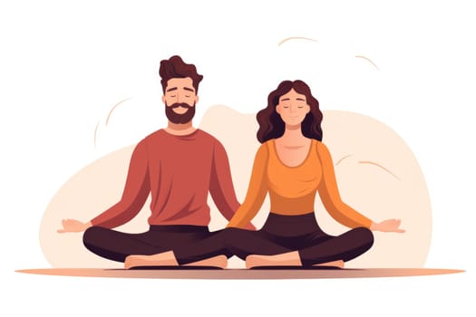 Mental health. Couple doing yoga, illustration in cartoon style. AI Generated