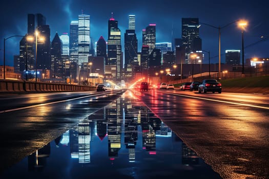 A shot of a night city with glowing skyscrapers reflected on wet asphalt. Ground level shot. Nightlife of the city.