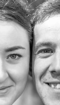 Close-up of the man and woman's face close to each other. Love and romantic relationships.