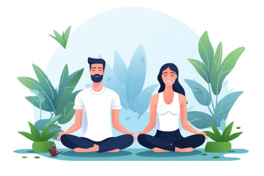 Mental health. Couple doing yoga, illustration in cartoon style. AI Generated