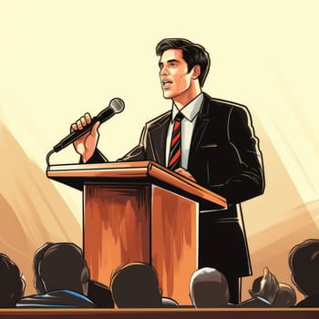 Public speaking politician on the podium in front of crowd. AI Generated. High quality illustration