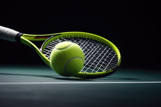 Tennis balls and rockets on tennis court. AI Generated . High quality illustration