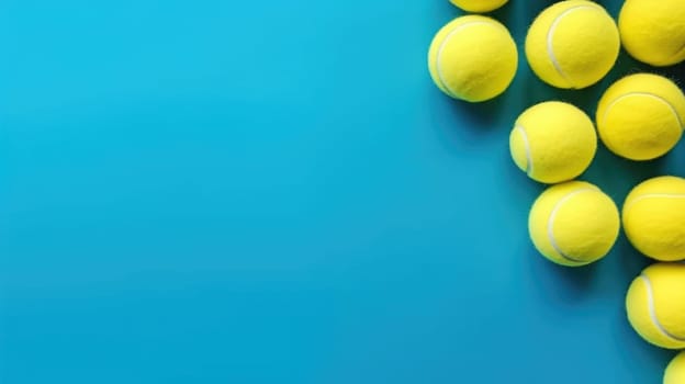 Yellow tennis balls on blue background with copy space, flat lay. AI Generated. High quality illustration