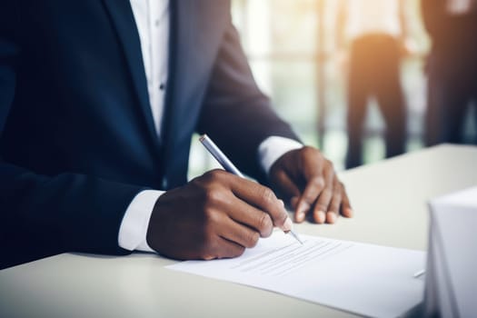 Election official helping with voting process. Businessman signing documents. AI Generated. High quality illustration