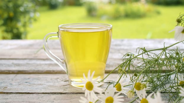 Close-up transparent cup of chamomile tea on the wooden table outdoors. A bouquet of daisies on the table. Herbal medicine concept.