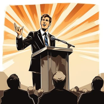 Public speaking politician on the podium in front of crowd. AI Generated. High quality illustration
