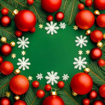 Frame of Christmas balls and snowflakes on a green background.