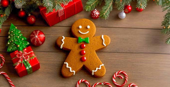 gingerbread man on a board table next to Christmas gifts.