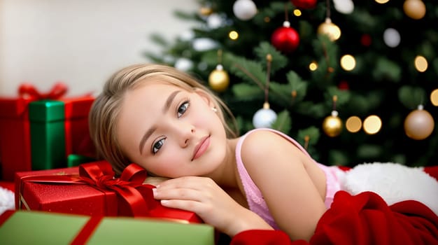 A beautiful little girl lies next to Christmas gifts against the background of a New Year tree.