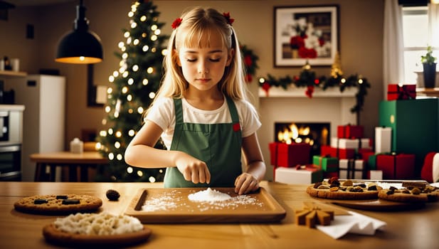 Beautiful little girl makes holiday cookies against the background of a Christmas tree
