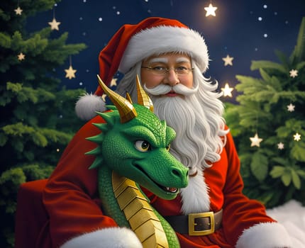 Cheerful Santa Claus and green dragon close-up against the background of Christmas trees and stars