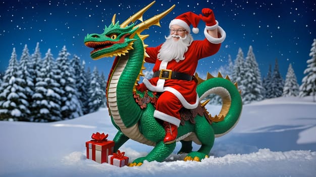 Cheerful Santa Claus sits astride a Green Dragon against a background of snow and fir trees.