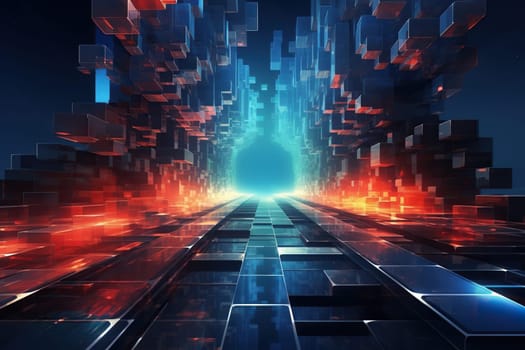 Abstract background image with cubes in blue and orange tones in space.