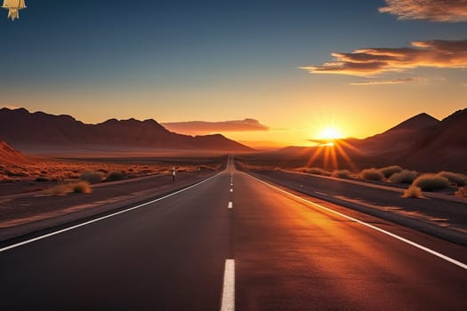 Asphalt empty road in the middle of the canyon at sunset.