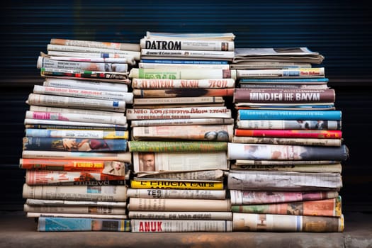 Three stacks of old newspapers and magazines.