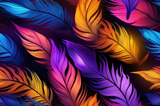 Colorful feathers, firebird feather pattern. Bright background.