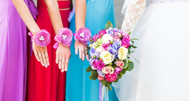 Close up of bride and bridesmaids bouquet.